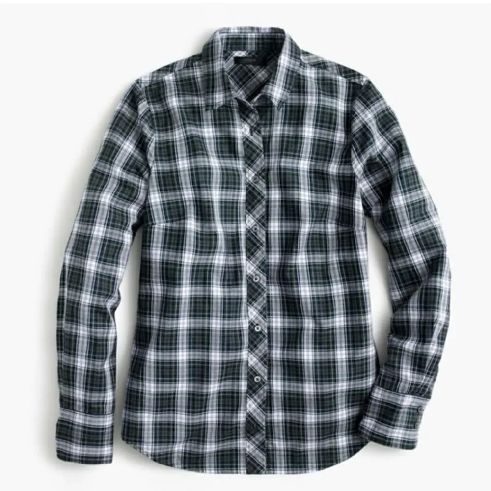 J. Crew Button Down Plaid Shirt Green Blue Black White 6